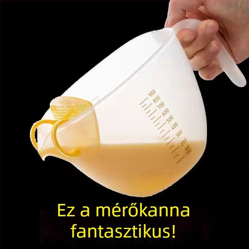 Gradált mérőkanállal ellátott szűrőedény, keverőtál, tojásfolyadék szűrő, tejszín felveréséhez és sütéshez szűrőkanál, PP anyag, minimalist stílus