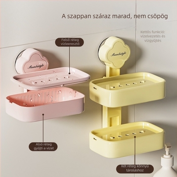 Műanyag falra szerelhető szappantartó szívóval rögzítve, vízelvezetés, kétszintes