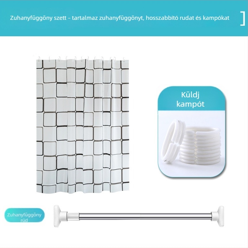 PEVA zuhanyfüggöny szett elválasztó rúddal; vízálló, gombaellenálló; nedves–száraz elválasztás; geometriai minta; modern minimalista stílus; Rongxin