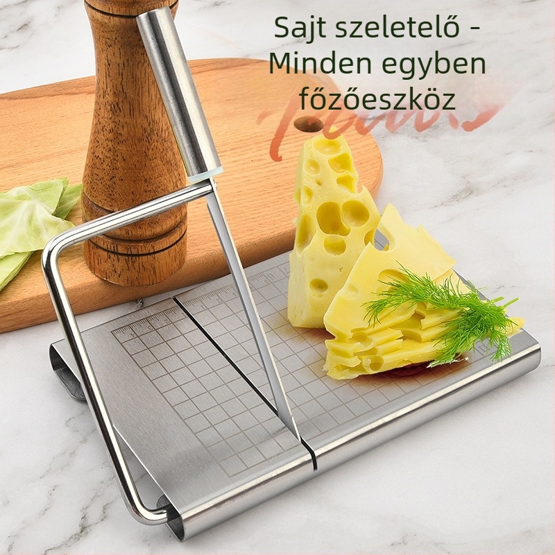 Rozsdamentes acél sajtvágó beépített skálával és vaj-sajt elválasztóval, konyhai zöldségek és gyümölcsök szeletelésére