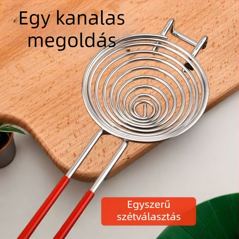 Rozsdamentes acélból készült hosszú nyelezésű tojásfehérje–sárgája szeparáló, szűrő és leszűrő edény otthoni használatra