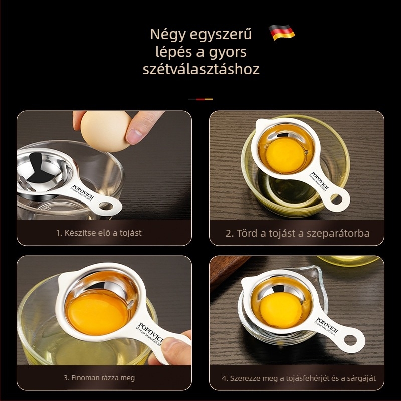 Tojásfehérje és tojássárgája szétválasztó – 304-es rozsdamentes acél, Popovich márka, logó nyomtatva, testreszabható feldolgozás