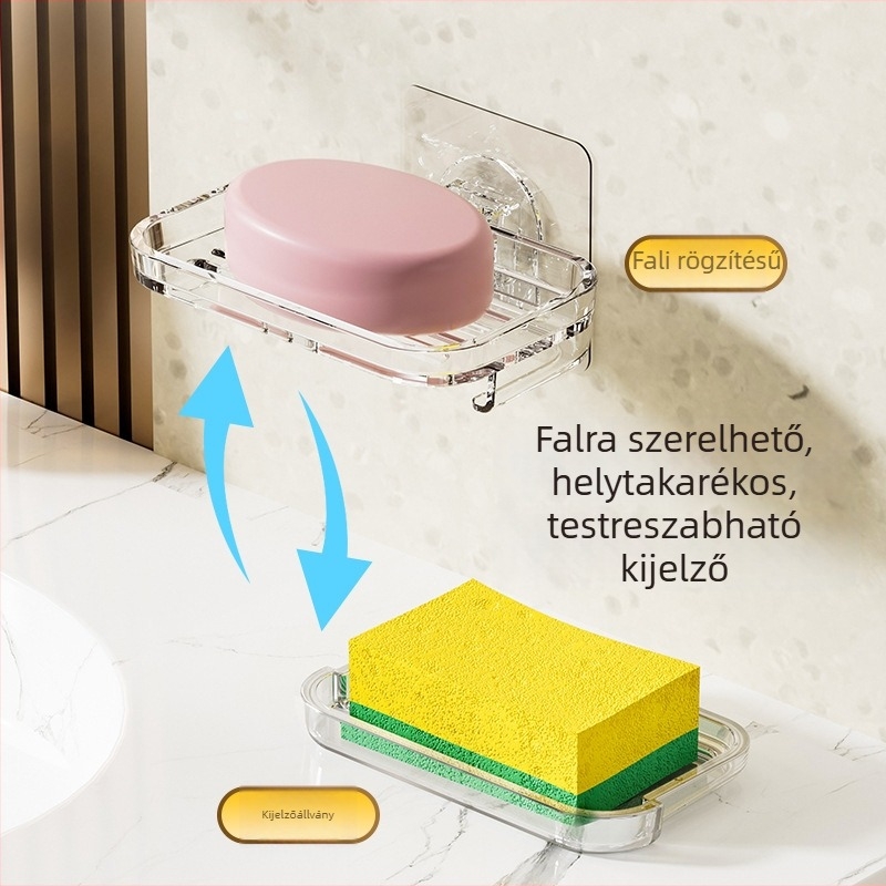 Műanyag szappantartó, falra szerelhető, fúrás nélküli, kettős polccal és szívókupakkal a leeresztéshez