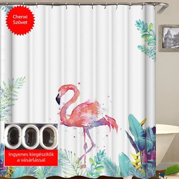 Poliéester zuhanyfüggöny flamingó mintával, flamingó stílus, nyomtatott logó, Chenxi Textile márka