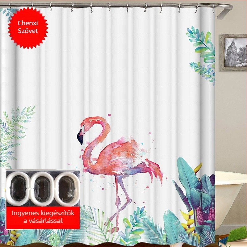Poliéester zuhanyfüggöny flamingó mintával, flamingó stílus, nyomtatott logó, Chenxi Textile márka