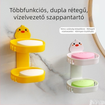Kétszintes leeresztő szappantartó a fürdőszobába, kis sárga kacsa alakú, szívókorongos rögzítéssel