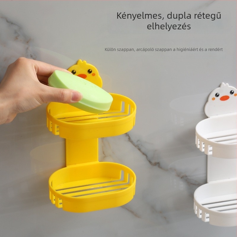 Kétszintes leeresztő szappantartó a fürdőszobába, kis sárga kacsa alakú, szívókorongos rögzítéssel