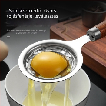304 rozsdamentes acélból készült kézi tojáshabosító, fa nyéllel, tojássárgáját szeparáló és fehérje szűrő