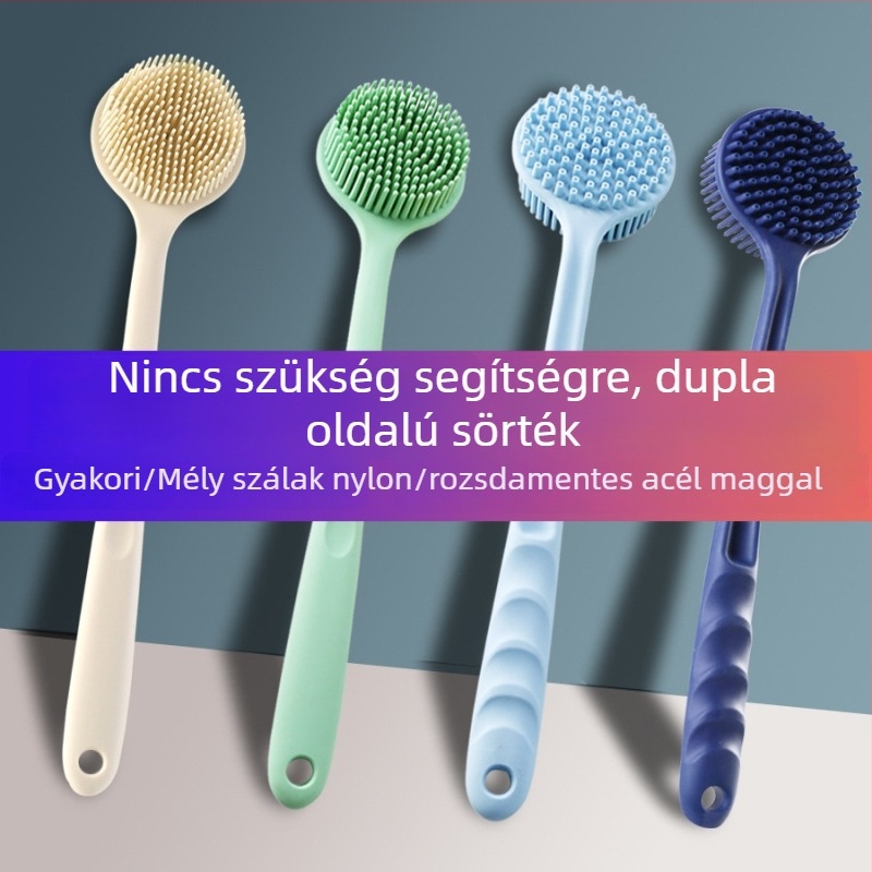 Szilikon hosszú nyélű fürdőecset, kétoldalas, vastagított szilikon masszázs hátra (Anyag: szilikon; Kategória: fürdőecset/masszírozó; Testreszabás: Igen)