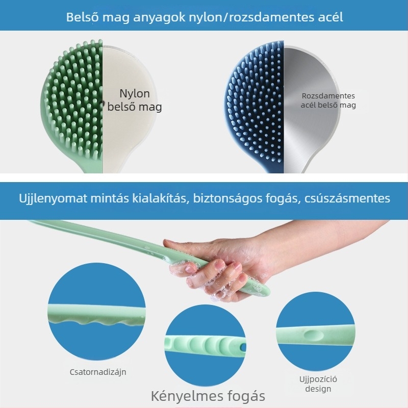 Szilikon hosszú nyélű fürdőecset, kétoldalas, vastagított szilikon masszázs hátra (Anyag: szilikon; Kategória: fürdőecset/masszírozó; Testreszabás: Igen)