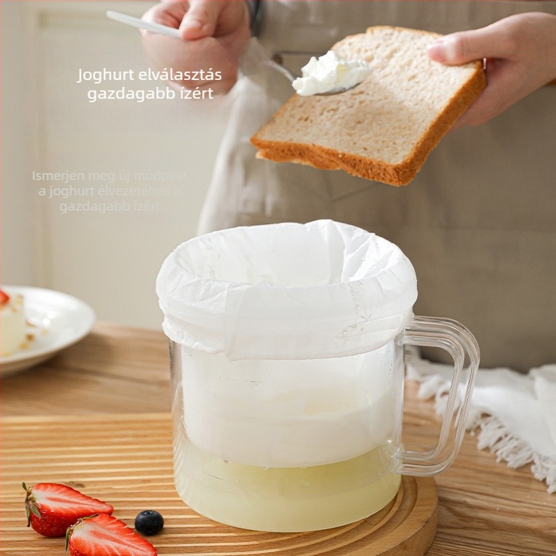 Joghurt szeparáló rugóval hajtott forgó mechanizmussal, fedél és szűrő a savóhoz – ideális otthoni joghurt készítéséhez; anyagok: PP, ABS, PS, rozsdamentes acél rugó