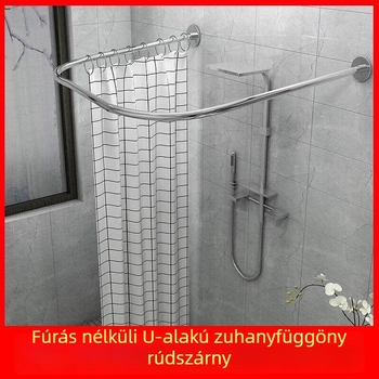 Fúrás nélküli U-alakú zuhanyrúd készlet, fürdőszoba, teleszkópos U-alakú rúd, rozsdamentes acél, vízálló zuhanyfüggöny