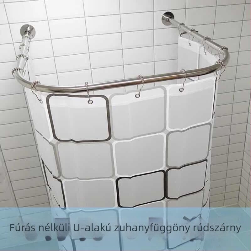 Fúrás nélküli U-alakú zuhanyrúd készlet, fürdőszoba, teleszkópos U-alakú rúd, rozsdamentes acél, vízálló zuhanyfüggöny