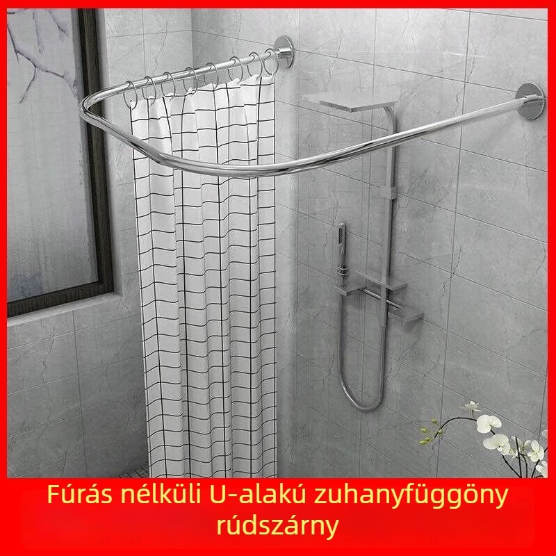 Fúrás nélküli U-alakú zuhanyrúd készlet, fürdőszoba, teleszkópos U-alakú rúd, rozsdamentes acél, vízálló zuhanyfüggöny