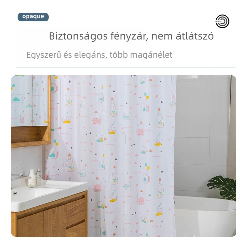 PEVA zuhanyfüggöny, vastagított, fúrás nélkül, vízálló, modern egyszerű stílus, nyomtatott minták (Dandelion, Pink Flower, Forest, Kitten, Geometric)