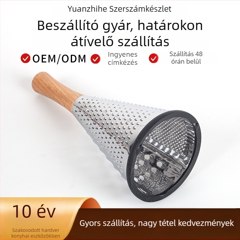 Reszelő sajt és zöldséghez fa markolattal – kónikus formájú rozsdamentes acél pengékkel, kézzel működtethető, multifunkcionális konyhai eszköz