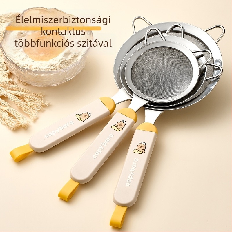 304 rozsdamentes acélból készült konyhai eszközök készlet: liszt szita, szűrőháló, tojásokhoz lyukas kanál, tojásfehérje szeparátor, tojásverő