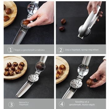 304 rozsdamentes acél gesztenye nyitó és hántoló készülék háztartási használatra, 2017 tavaszán bemutatva