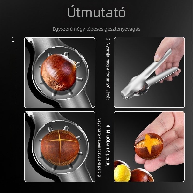 304 rozsdamentes acél gesztenye nyitó és hántoló készülék háztartási használatra, 2017 tavaszán bemutatva
