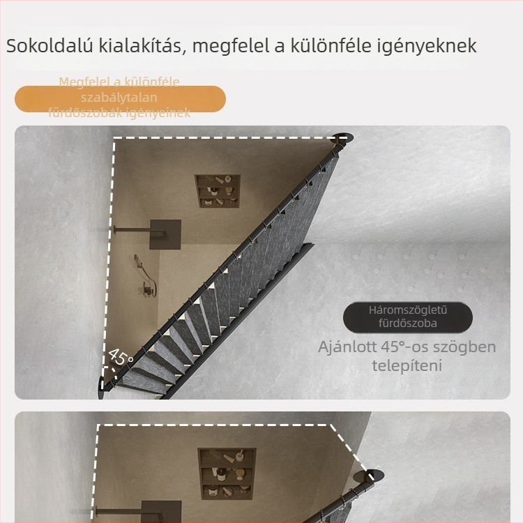 Teleszkópos zuhanyfüggönyrúd, fúrás nélkül, sarokkámasz, speciális alakú