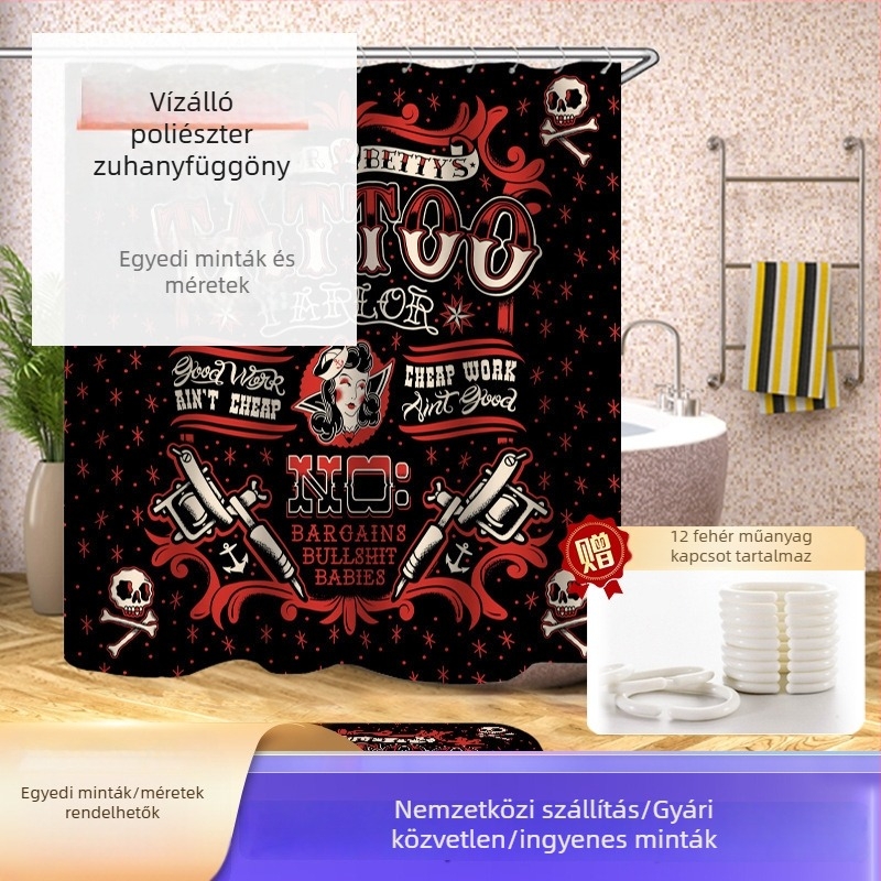 Poliészter zuhanyfüggöny tetoválás mintával, vízálló, könnyű luxus stílus, 100% poliészter, testreszabható nyomtatás