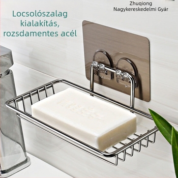 Rozsdamentes acélból készült falra szerelhető dupla rétegű szappantartó lefolyóval és vákuumos rögzítővel