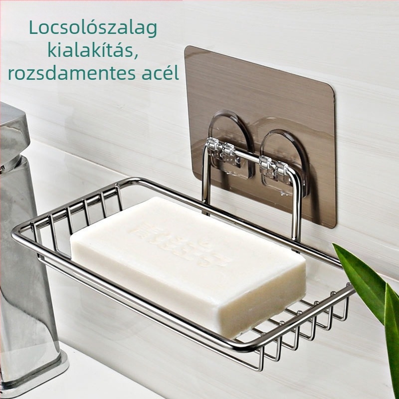 Rozsdamentes acélból készült falra szerelhető dupla rétegű szappantartó lefolyóval és vákuumos rögzítővel