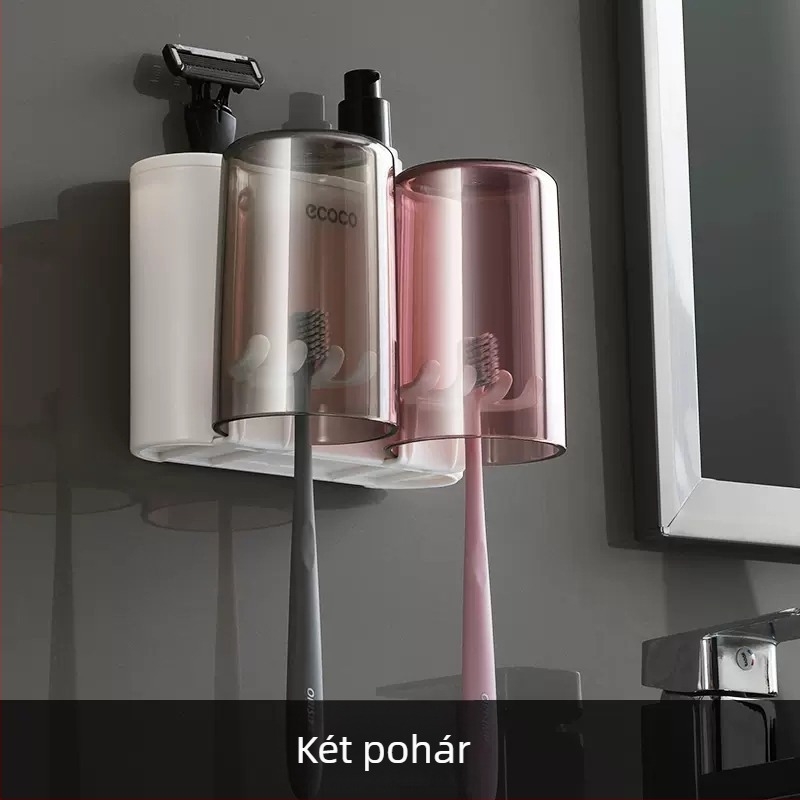 Fali fogkefe-tartó pastatárolóval és szájvíz pohár készlettel, fúrás nélküli szerelés, műanyag kivitel.