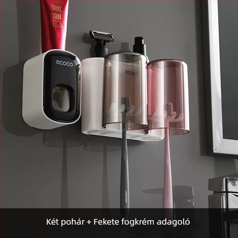 Fali fogkefe-tartó pastatárolóval és szájvíz pohár készlettel, fúrás nélküli szerelés, műanyag kivitel.