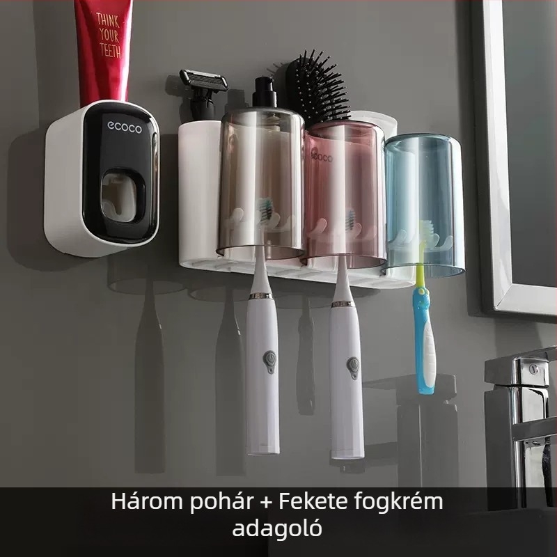 Fali fogkefe-tartó pastatárolóval és szájvíz pohár készlettel, fúrás nélküli szerelés, műanyag kivitel.