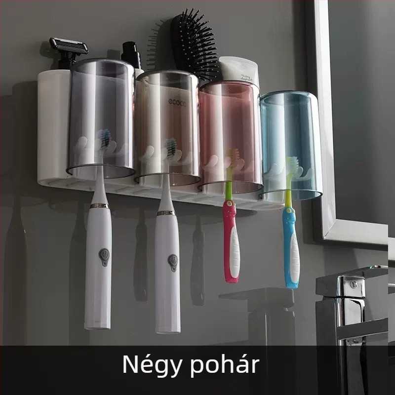Fali fogkefe-tartó pastatárolóval és szájvíz pohár készlettel, fúrás nélküli szerelés, műanyag kivitel.