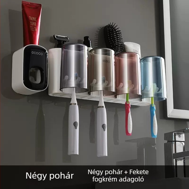 Fali fogkefe-tartó pastatárolóval és szájvíz pohár készlettel, fúrás nélküli szerelés, műanyag kivitel.