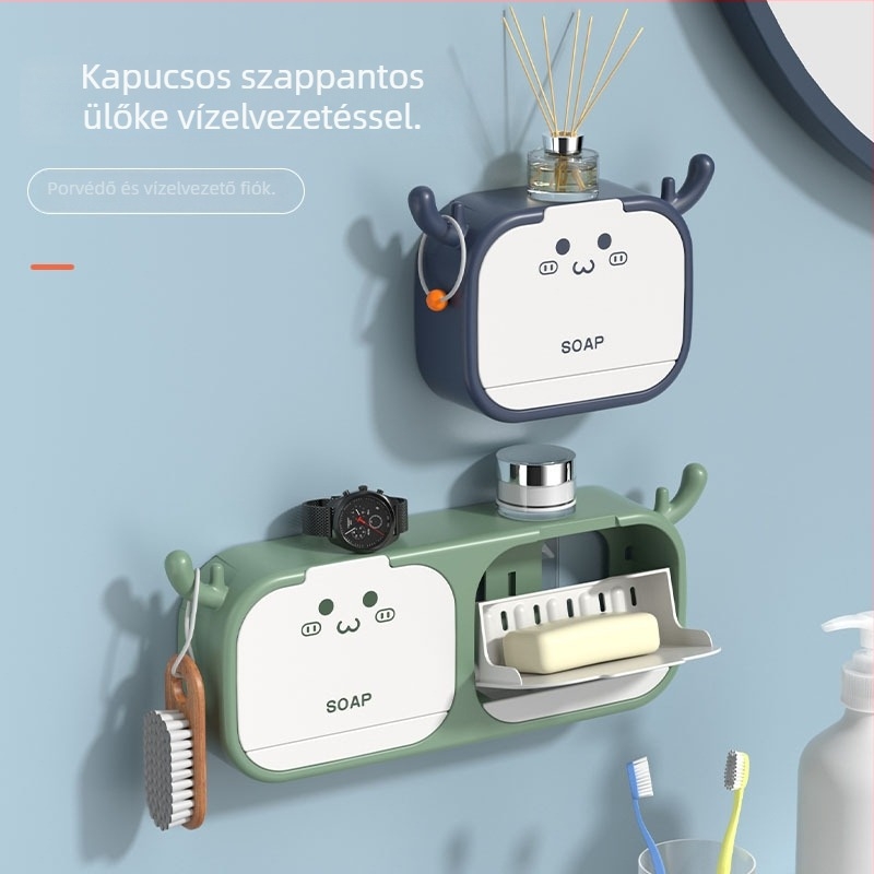 Fali szappan-tároló doboz flip-top fedéllel, ABS anyagból, fúrás nélküli rögzítés, vákuumcsésze, egy- vagy kétszárnyú ajtó