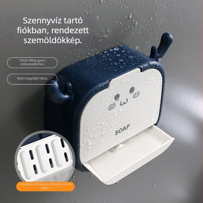 Fali szappan-tároló doboz flip-top fedéllel, ABS anyagból, fúrás nélküli rögzítés, vákuumcsésze, egy- vagy kétszárnyú ajtó