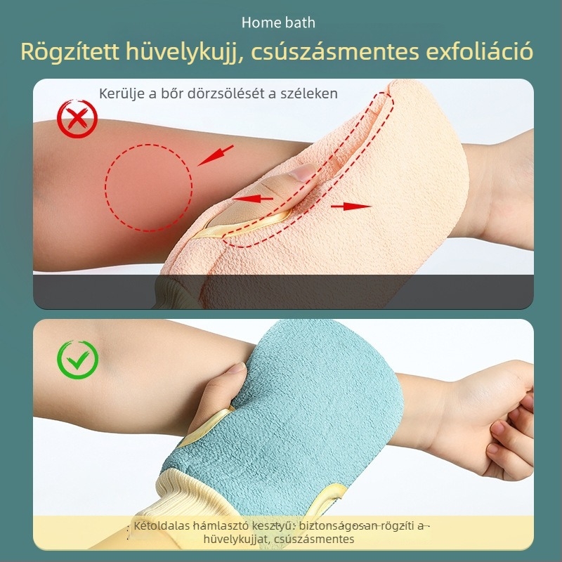 Hámlasztó fürdőkesztyű, uniszex, kétoldalas finom szemcsés textúra, hátmasszírozó otthoni használatra