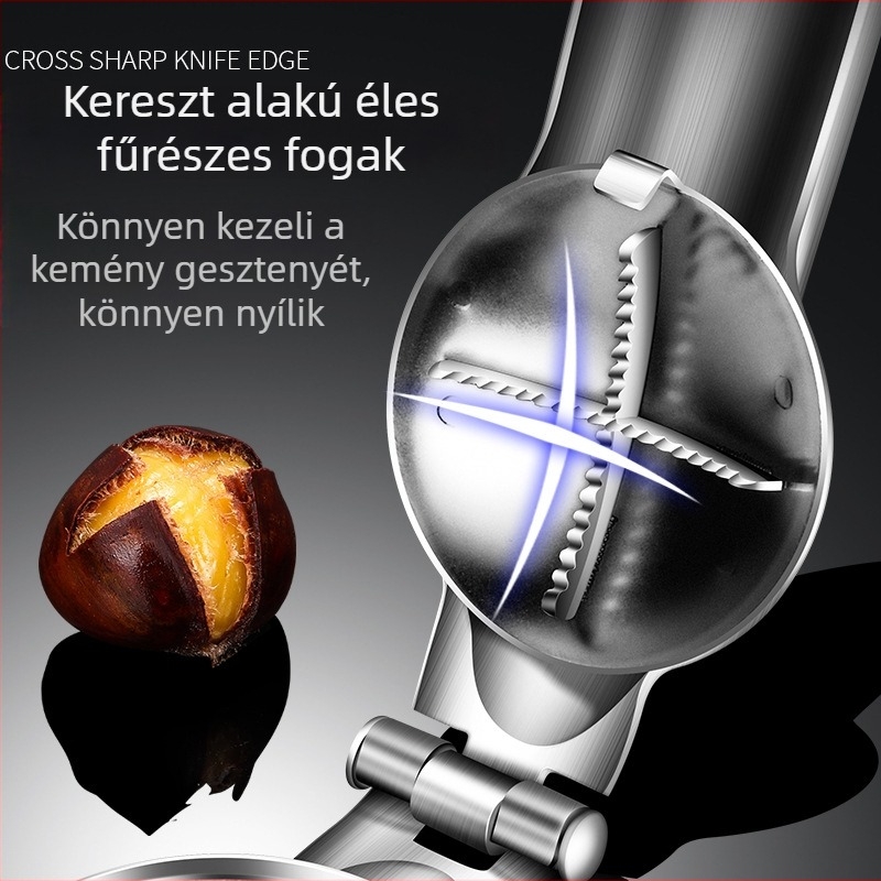 AKL Többcélú gesztenye nyitó — 304 rozsdamentes acél, ergonomikus, erőmegtakarító tervezés, logó nyomtatás elérhető, hivatalos magánmárka