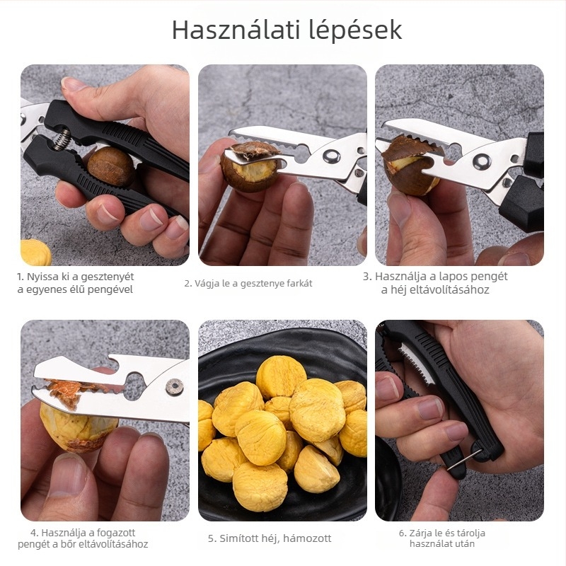 Többcélú gesztenye-hámozó és héjázó kereszttalp klipsz, rozsdamentes acélból