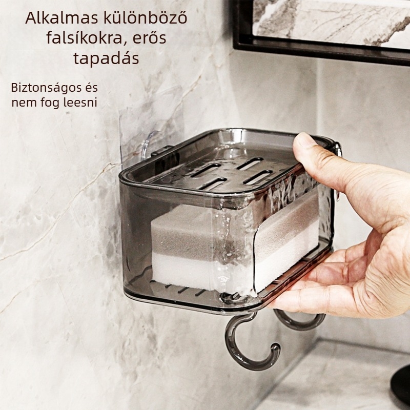 Fali szappanbox szívókoronggal, műanyagból, dupla rekesz tároló leeresztéssel