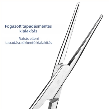 Rozsdamentes acélból készült hemostatikus és sebészeti fogó egyenes és görbe végű csúccsal, érrendszeri és varrat használatra