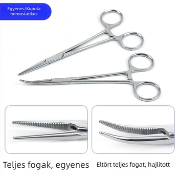 Rozsdamentes acélból készült hemostatikus és sebészeti fogó egyenes és görbe végű csúccsal, érrendszeri és varrat használatra