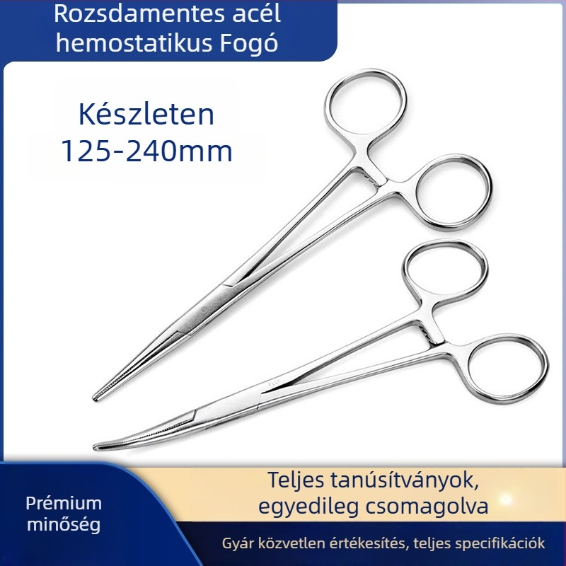 Rozsdamentes acélból készült hemostatikus és sebészeti fogó egyenes és görbe végű csúccsal, érrendszeri és varrat használatra