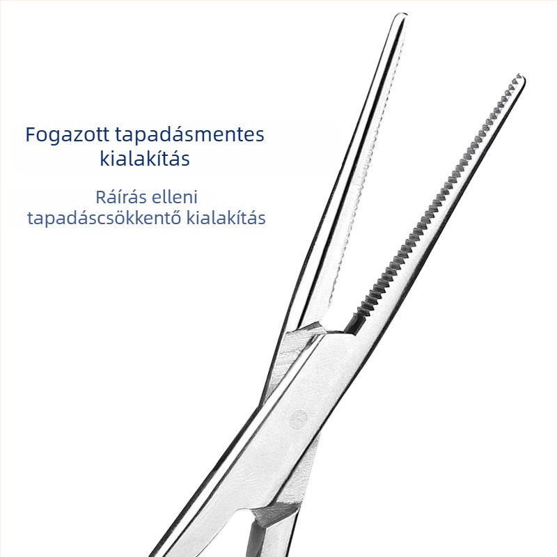 Rozsdamentes acélból készült hemostatikus és sebészeti fogó egyenes és görbe végű csúccsal, érrendszeri és varrat használatra