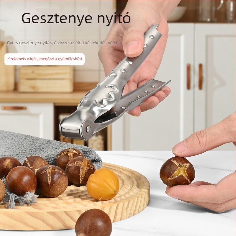 Rozsdamentes acélból készült gesztenye- és diónyitó, keresztezett kivitelű klipsz, többfunkciós háztartási eszköz