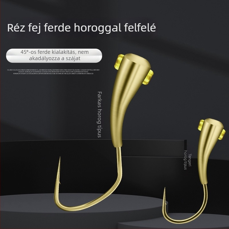 Tömeges horog réz fejjel, ferde szögben álló és felfelé néző, téli édesvízi horgászathoz
