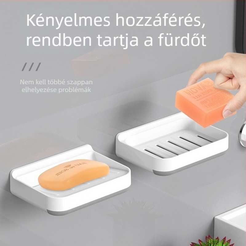 Falra szerelhető műanyag szappantartó vízelvezető polccal a fürdőszobába, fúrás nélkül