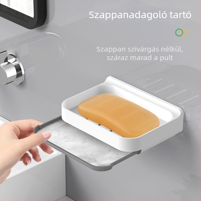 Falra szerelhető műanyag szappantartó vízelvezető polccal a fürdőszobába, fúrás nélkül