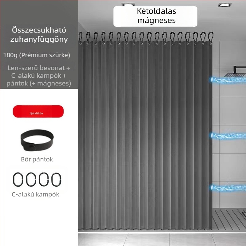 Mágneses szívó zuhanyfüggöny, láthatatlan hajtogatás, vastagabb vízálló anyag a fürdőszobai válaszfalhoz, fúrás nélküli felszerelés