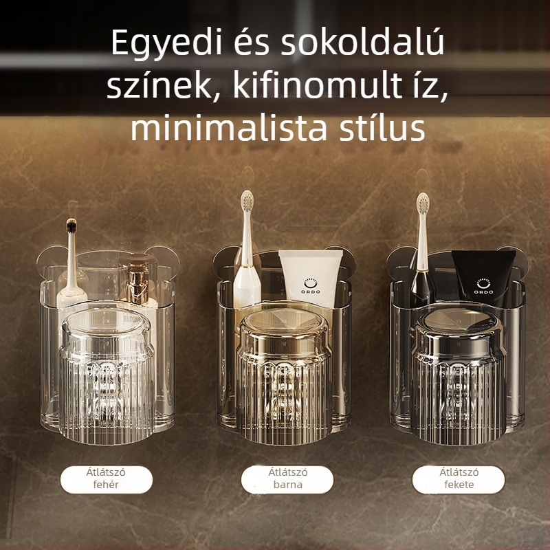 Fogkefetartó falra szerelhető, fúrás nélküli, műanyagból, pohár szájvíz és fogkrém tartóval