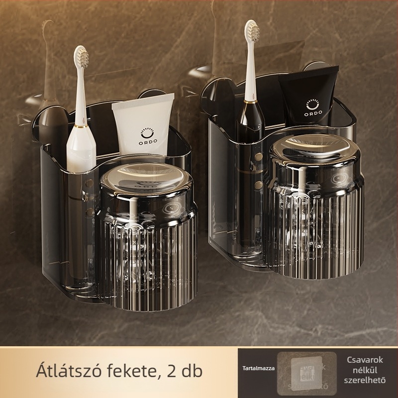 Fogkefetartó falra szerelhető, fúrás nélküli, műanyagból, pohár szájvíz és fogkrém tartóval