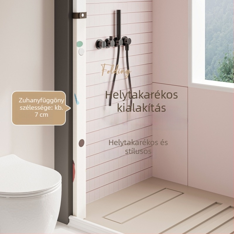 Fúrás nélküli összehajtható zuhanyfüggöny a fürdőszobába, nedves–száraz elválasztó, vízálló és penészmentes, vastagított imitált lenanyag